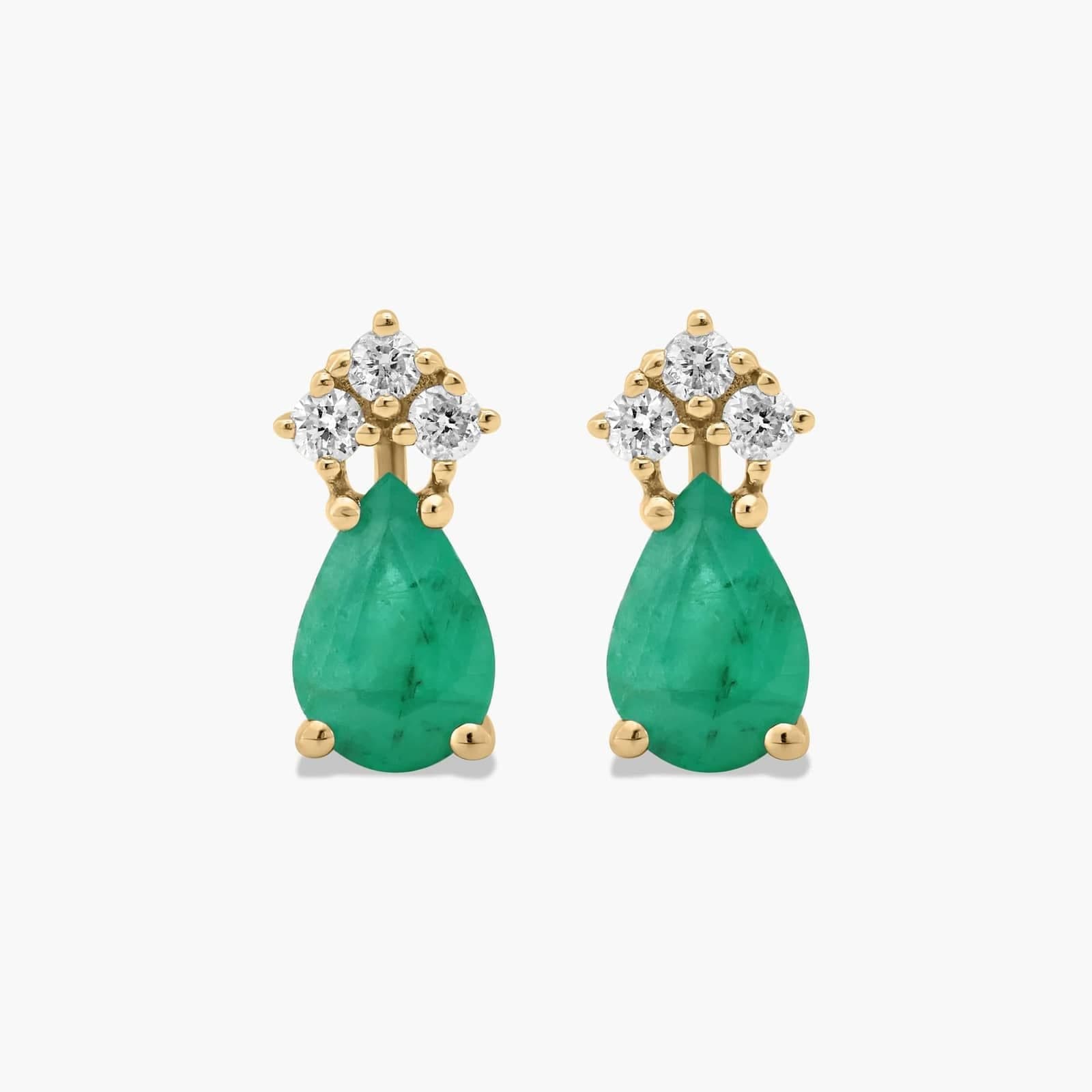 Pear Shape Emerald And Tri-Diamond Stud Earrings In 14K Yellow Gold Bluer Nile
